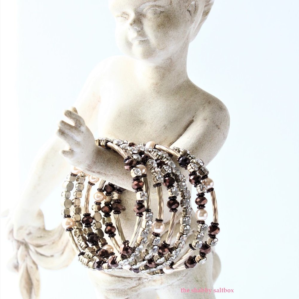 Slinky Bracelet Bangle Wrap Browns Gold Rose Clear Rhinestones Costume Jewelry